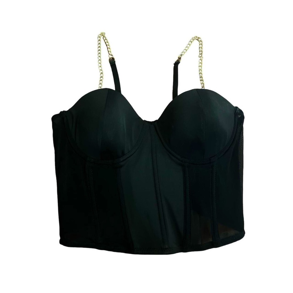 Revamped black corset-like crop top with gold chain straps ✨